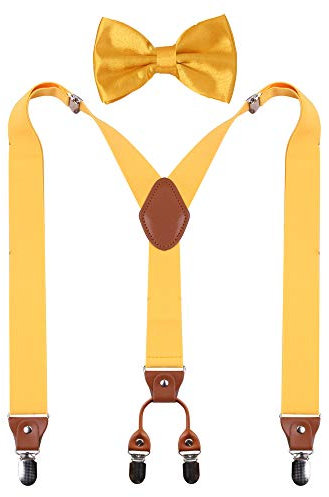 GUCHOL Hosenträger Fliege für Damen und Herren, strapazierfähig, elastisch, breite Hosenträger, starke 4 Metallclips, verstellbar, gelb, Large