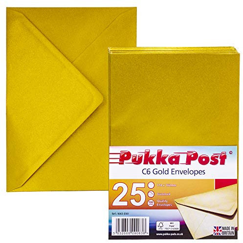 Pukka Pad, Pukka Post & Packaging Gummed Envelopes - Pack of 25, Ready-to-Seal, Durable 100GSM Postal Envelopes for Letters, Invitations, and Other Mail - 114 x 162mm, Size C6, Gold