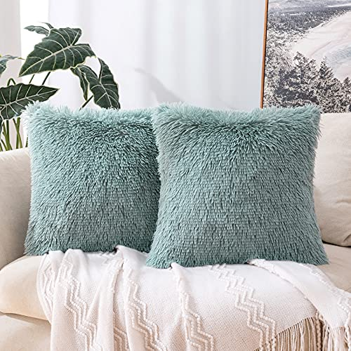 MIULEE 2er Set Kissenbezüge Künstlich Pelz Sofakissen Dekorative Dekokissen Kuschelkissen Plüschkissen Kuschelig Couchkissen Superweich Kissen Flauschig Kissenbezug für Sofa 50x50 cm Wasser Blau