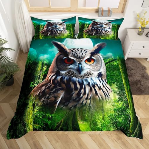 Loussiesd Feder Urwald Eule Bettwäsche 155x220cm Kinder Jungs Böhmischer Exotisch Vogel Bettwäsche Set 3D Eule Bettbezug Set Grün Wald Bettwäsche Set mit 1 Kissenbezug 80x80cm für Teens Mädchen Dekor