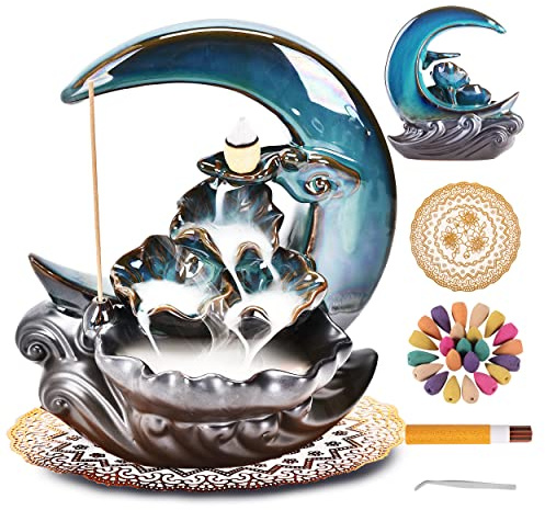 Zvaiuk New Moon Backflow Incense Holder, Ceramic Hand-Made Incense Fountain Burner with 100 Backflow Incense Cones，Fragrance Incense Stick，Mat，Aromatherapy Home Decoration