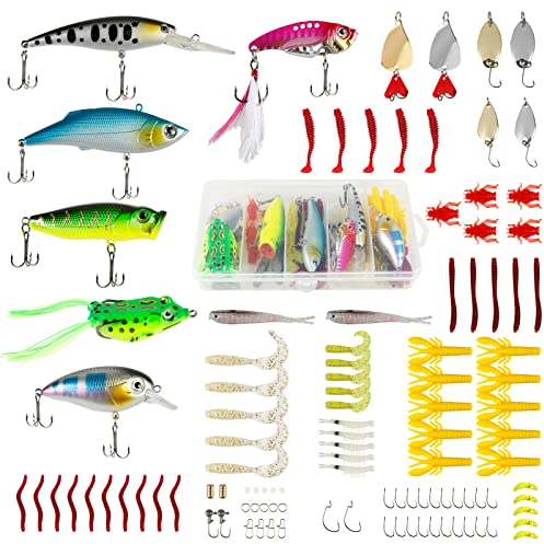 XiYee Esche da Pesca, 109 Pezzi Esche Artificiali da Pesca Contiene Esche, Vermi, Esche Dure, Insetti, Treble Hooks, Ganci Singolo, Luccio Spoon,con Scatola Adatto