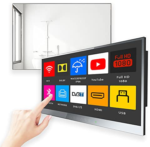 Soulaca 22 Pouces Smart Mirror TV pour Salle de Bain IP66 étanche Android Téléviseur, Triple Tuner avec Wi-FI et Bluetooth (contrôle Complet de l'écran Tactile)