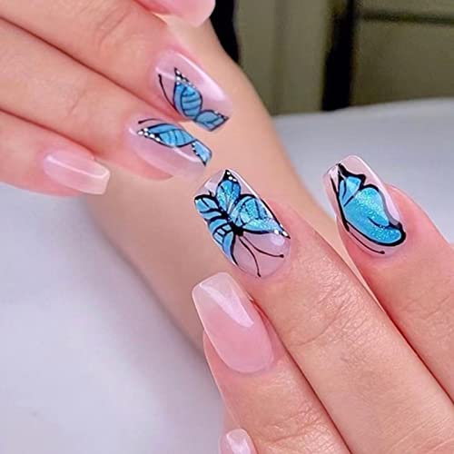 RUNRAYAY Nude French Medium Fake Nails, Press on False Nails with Butterfly Design, Blue Coffin Acrylique Full Cover Nails Tips for Women & Girls 24Pcs