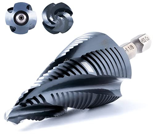 AugTouf Four Spiral Flute Cobalt Step Drill Bit(Pro Max), 1/4-1-1/8 Impact Ready Four Spiral Flutes Unibit Step Bit, 1/4 Hex Shank Unibit for Metal, Stainless Steel, Aluminum, Wood, Plastic