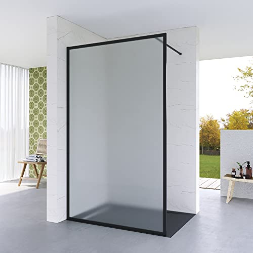 Duschabtrennung Duschwand Glas 100 x 203 cm Milchglas Vollsatiniert Echtglas 8 mm ESG Wandprofil Vollrahmen schwarz matt Duschtrennwand Glaswand Walk in Dusche Nano Beschichtung 90° Stabilisator