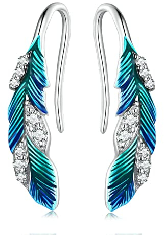 Ohrringe Aus 925er Sterlingsilber, Blaue Federn, Pave-fassung, Cz, Für Frauen, Geburtstagsgeschenk, Schicker, Schillernder, Feiner Schmuck