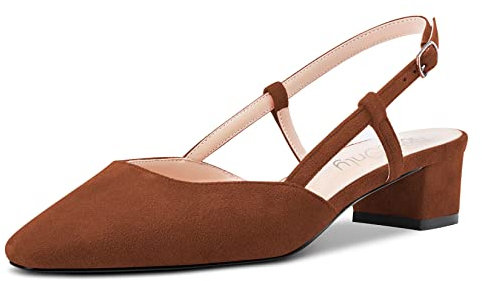 NobleOnly Damen Chunky Blockabsatz Niedrige Kitten Absatz Heel Eckige Zehenkappe Sandalen Slingback Slip-on Pumps Hochzeit Cute Schuhe Braun 38 EU