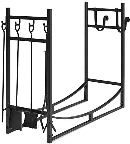 GYMAX Kaminholzregal mit 4-teilig Kaminbesteck, Brennholzregal mit Anzündholzhalter, Kaminholzständer 76/90 x 33 x 76 cm, Kaminwerkzeug Metall für Kamin & Ofen (90 x 33 x 76 cm)