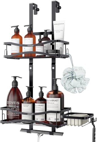 UUlioyer Duschablage zum Hängen mit Seifenhalter, Duschregal Ohne Bohrer für Badezimmertür, Shampoo Duschgel Halterung für Dusche, Schwarz (Stil B)