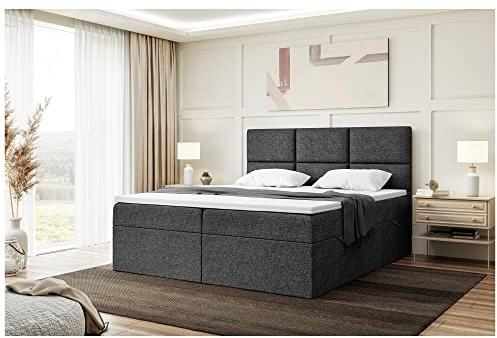 MEBLINI Boxspringbett mit Bettkasten - Gepolstert Doppelbett mit Matratze und Topper - Polsterbett mit Stauraum - Bett mit Kopfteil - Stauraumbett - KYLIAN - 180x200 - H3/Dunkelgrau Webstoff