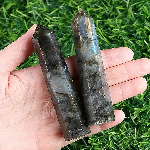 XIANNVXI 4 Groß Kristalle Turm Labradorit Edelsteine Stab Kristall Steine Türme Hexagonal Punkt Stäbe Natürlicher Meditation Energie Stein 9-10cm 1PC