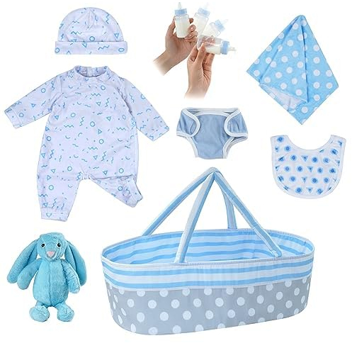 BABESIDE Reborn Dolls Accessories with Bassinet for 17-22 In Realistic Baby Doll Clothes Outfit Accessories fit Lifelike Babiesl Boy (8 Pcs)