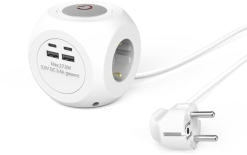 Hama Steckdosenwürfel, 3-Fach, USB C, USB A, 1,4m (Mehrfachsteckdose mit USB C, Steckdosenwürfel mit Kabel, USB Steckdosenwürfel, Steckdosenwürfel mit Schalter, Steckdosenleiste mit Schalter) weiß