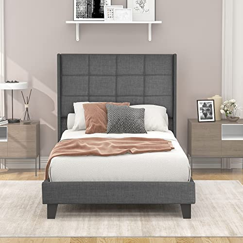 HAINEW Polsterbett 90×200cm Mit Federkern Matratze Und Holz Lattenrost, Modernes Design Einzelbett mit Seinem Gepolstertes Kopfteil Für Erwachsene Oder Jugendliche, Leinen (Grau)