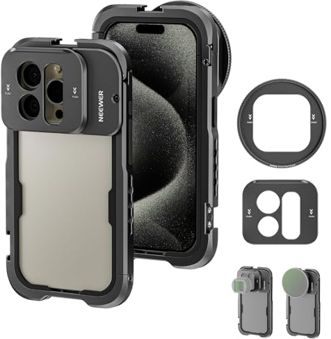 NEEWER 15 Pro Phone Video Rig Käfig für iPhone 15 Pro mit 67mm Filter Adapter, 17mm Objektivrückwand, Anti Off Cold Shoe, 1/4 Stativhalterung, Alu. Handy Stabilisator für Videoaufnahme, PA023