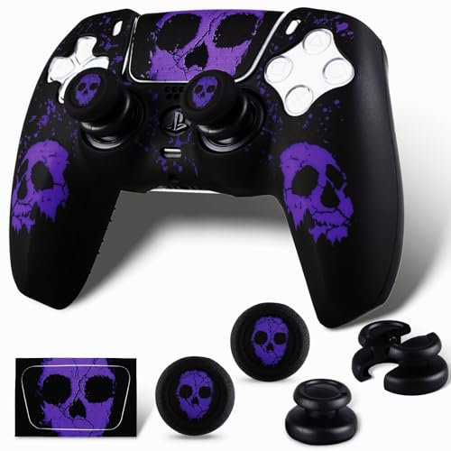PlayRealm 1 coque en silicone et 2 joysticks anti-chute pour manette de PS5 (visage fantôme, violet)