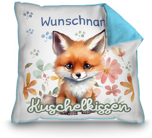 PR Print Royal Personalisiertes Kuschel-Kissen für Kinder mit Füllung - mit Name selbst gestalten - Fuchs Kissen für Mädchen und Jungs, Kinderkissen mit Name | 40 x 40 cm, Rückseite Hellblau