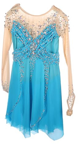 VVieer Mädchen Strass Mesh Langarm Eiskunstlauf Activewear Ballett Tanz Sparkly Kleid Performance Kostüme Wettkampf-Skating-Kleidung (XXXL,Blue)