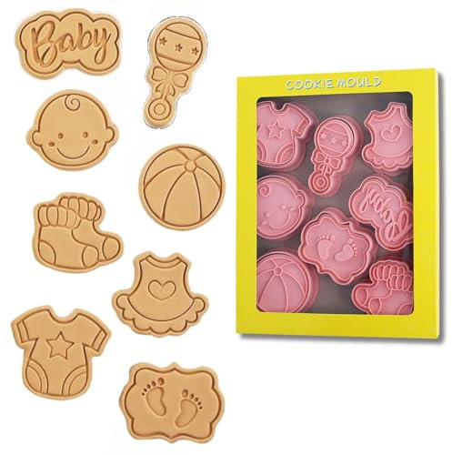 8 Pcs Plastic Cookie Mold Baby Shower Cookie Cutter Set Pastry Cutters for Baking Cartoon Fun Biscuit Moulds Baby Cookie Cutters for Baking DIY Fondant Pastry Cake Decoration