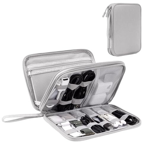 Organizador de Cables para Viaje con Doble Capa - Bolsa Técnica Impermeable para Cargadores, Teléfonos, Auriculares, Tarjetas | Travel Essentials para Viajes Accesorios, L, Gris