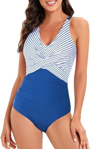 Century Star Maillot de bain gainant pour femme avec armatures - Grande taille - Sport, Rayé bleu/blanc., 44-46