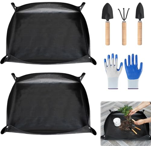 Idota Gartenmatte Pflanzmatte 2 Stück 100x100cm Wasserdicht Pflanzen Gartenmatte Umtopfen mit Gartenwerkzeug Faltbare Pflanzunterlage für Umtopf Sukkulenten Innenberei Garten (Schwarz)