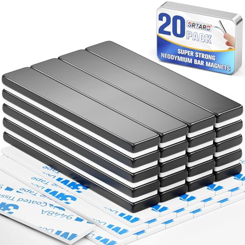 Grtard 20 Pack Black Neodymium Magnets 60x10x3mm Rare Earth Magnets Fridge Magnet Strips with Double Sided Adhesive for Multiple Use