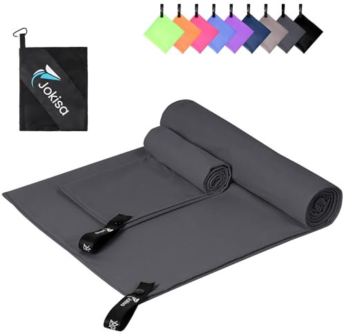Jokisa Mikrofaser Reisehandtuch Set - 180X90cm Camping Handtuch +80X40CM Handtücher Klein, Schnelltrocknend & Kompakt Handtuchset für Camping Trekking Reise (Dunkelgrau)