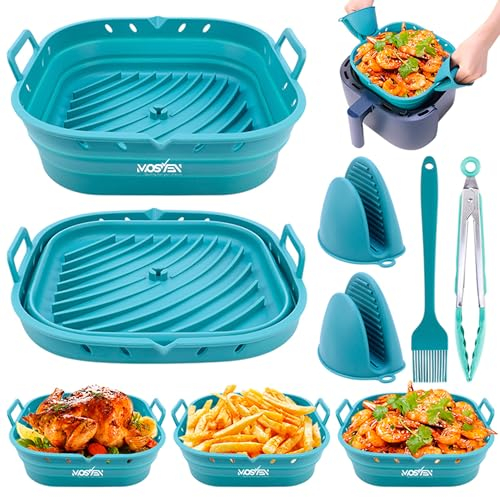 MOSVEN - Molde Silicona freidora de Aire 22 cm + Accesorios freidora de Aire. Accesorios Airfryer Incl.: Molde Plegable, Divisor, Pinza, Pincel y Manoplas. Compatible con AirFryer de 5,5l en adelante
