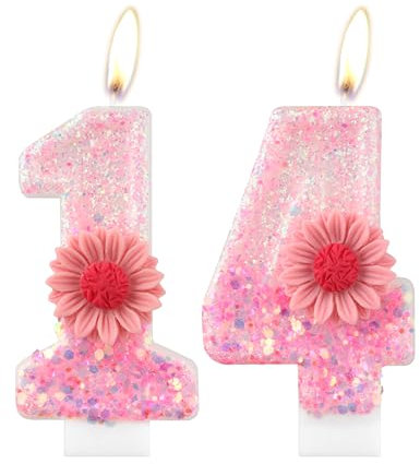 Daisy Lot de 14 bougies en forme de fleur rose pailletée pour décoration de fête d'anniversaire 14 ans