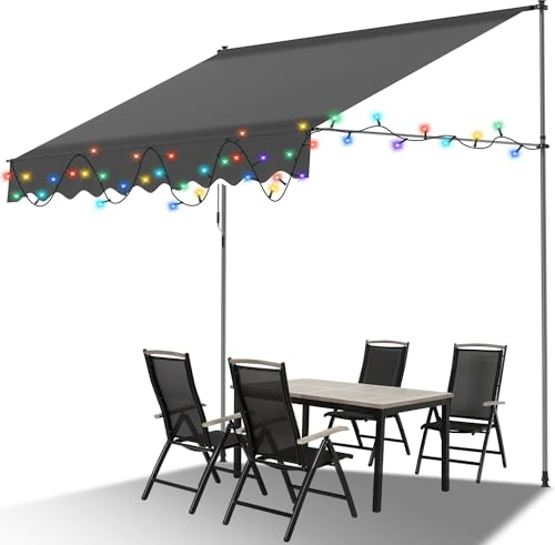 Eulenke Klemmmarkise 400 cm breit mit LED Beleuchtung, Markise ohne Bohren mit Handkurbel, UV-beständig, Sonnenschutz und Wasserdicht, Anthrazit