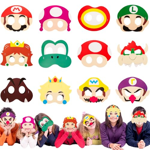 Wirhaut 12 Stück Mar-i Cosplay Party Masken,Super Bros Kinder Party Masken,Maske Party Geburtstag Deko für Jungen Mädchen Kinder Maskerade Cosplay Party Karneval Weihnachten