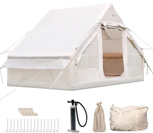 Inflatable Camping Tent with Pump, Glamping Inflatable Sport Tent for Camping, 4 Season Windproof Outdoor Oxford Blow Up Cabin Tent with Mesh Windows & Doors for 2-4 People Camping Hiking (2-4 People)
