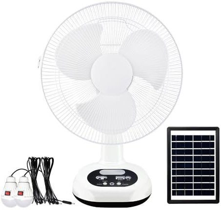 Ventilatore portatile ricaricabile a energia solare, ventilatore a batteria con lampadine e pannelli solari, ventilatore da campeggio portatile alimentato a batteria ricaricabile da 110 V ~ 240 V