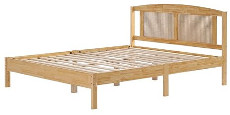 Doppelbett 160 x 200 cm, aus Kiefer und PE-Rattan, mit Rattankissen, 15 Lamellen und Mittelbeinen