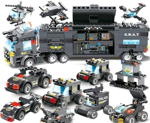 8-in-1SWAT Polizei Bausteine Bausatz, 762 Teile Stadt Polizeiauto Spielzeug für Jungen und Mädchen mit Polizeiauto, Hubschrauber, Wasserpatrouillenboote (Schwarz)
