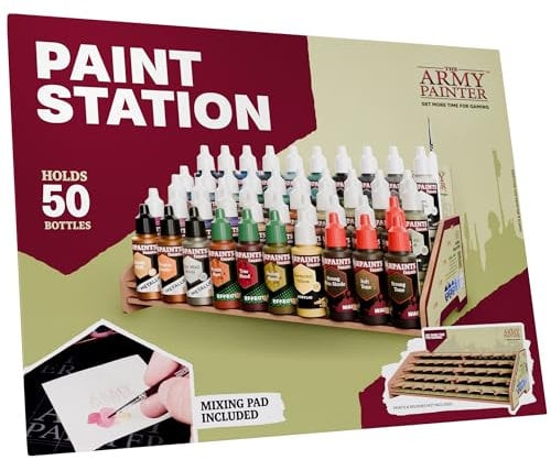 The Army Painter, Paint Station, Paint Storage for 50 Warpaints Fanatic, Speedpaint & Warpaints Air Acrylic Paints, incl. Storage for Paint Brushes and 100 sheets - Paint Rack for Miniature Painting