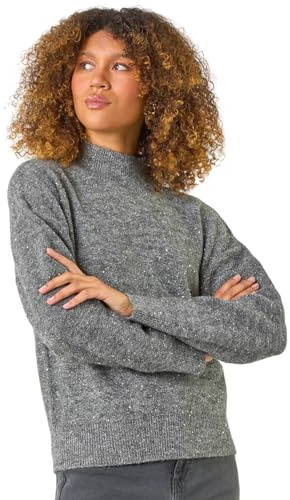 Roman Originals Diamante Sequin Jumper for Women UK Ladies Sparkly Glitter Sweater Embellished Smart Casual Autumn Winter High Neck Knitwear Knitted Pullover - Charcoal - Size 16