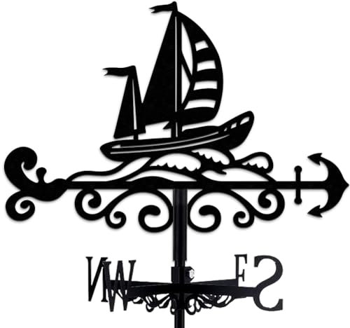 INFUNLY Sailing Boat Weathervane Retro Sailboat Weather Vane Ship Metal Weathercock Sailing Boat Iron Wind Vane Pirate Boat Hollow Wind Direction Indicator for Outdoor Garden Roof Decor 14.1x10.6Inch