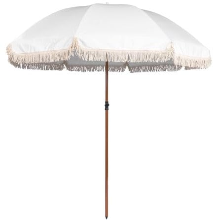 Funsite 2.3M Garden Parasol with Tassels UPF50+ Outdoor Table Tilting Patio Parasol Umbrella with Crank Handle UV Protective Cover No Fade 8 Sturdy Ribs Rust Resistant for Garden Deck Backyard White