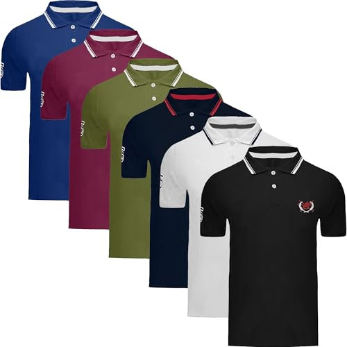 WJL WHISPERING JONES LONDON Mens 4, 5 or 6-Pack Polo Shirts Casual Tipping Collared Pique T-Shirts, Short-Sleeved Multi-Pack for Everyday Wear, 6 Pack Classic Tipping, S