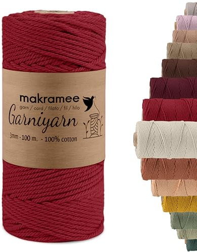 GARNIYARN Premium Makramee Garn 3mm – Weiches Baumwollseil für Macrame, DIY-Bastelprojekte, Wandbehänge, Pflanzenhänger und Wohnaccessoires, Stricken – 100% Natürlich Cotton - (Elegantes rot, 100m)