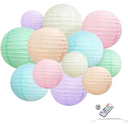 10 x Papier Lampions - Pastell Mix - Inkl. LED mit Fernbedienung - Inkl. Haken