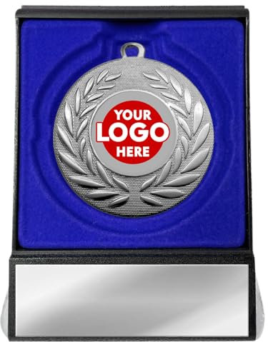 Medal in a box, Personalised silver metal wreath medals with your logo centre in a flip over presentation box and optional engraved plate