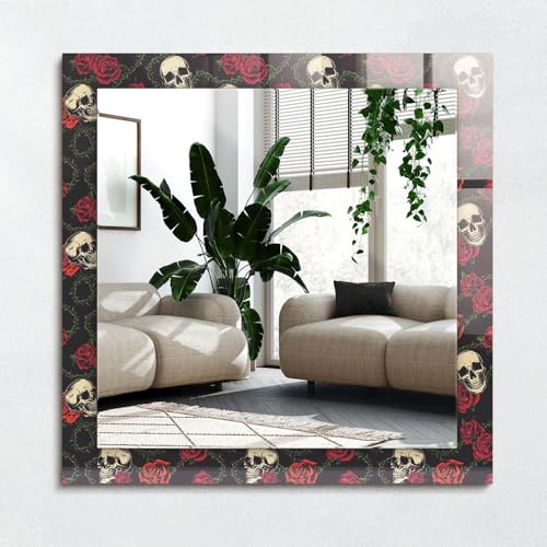 Glasrahmenspiegel 60x60cm | Wandmontage im Hoch- oder Querformat | Zeitlos und vielseitig einsetzbar - Totenköpfe Rosen Dornen