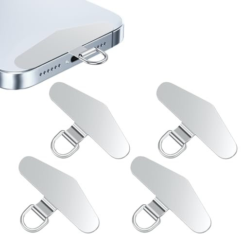 flintronic Phone Tether Tags, 4PCS Cellphone Lanyard Tether Patches, Lanyard Pads, Metal Crossbody Cell Phone Lan-yard Patch Silve, Phone Strap Connector Clip Compatible with Most Smartphones