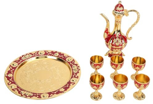 Respicefinem Vintage Vine Bot Set Kit de bandeja de cafetera retro europea con exquisitas tallas de cazas de vino de aleación de zinc ideal para gabinetes de vinos en rojo (De oro rojo)