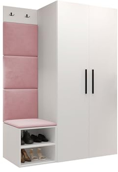 Mirjan24 Garderoben-Set Mapreni IV, Schuhschrank + Kleiderhakenbrett + Kleiderschrank Gepolstertes Paneel/Wandpaneel Kleiderhaken Flurgarderobe Wandgarderobe (Weiß, Manila 09)