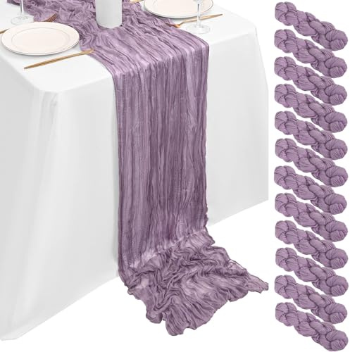 12 Stück Käsetuch Tischläufer Lila 90x300cm, Käsetuch Rustikaler Lila Rustikaler Gaze Stoff Transparent Boho Hochzeit Tischdekoration für Hochzeitsempfang Brautdusche Babyparty